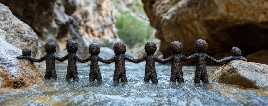 A powerful image depicting a group of figures forming a human chain across a rushing river, symbolizing cooperation, trust, and unity This captivating scene showcases teamwork in the face of